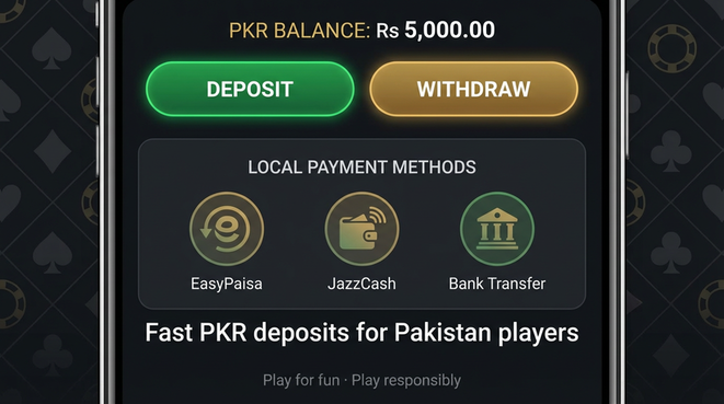 Deposit and withdrawal screen with PKR methods - trusted by teachers and parents